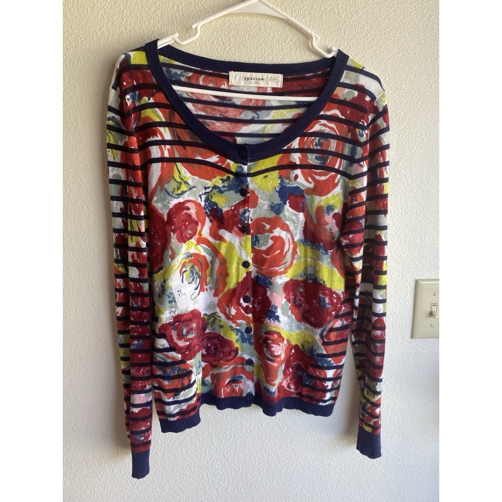 Anthropologie Sparrow Floral Striped Cotton Cardigan Sweater Navy Red Size L